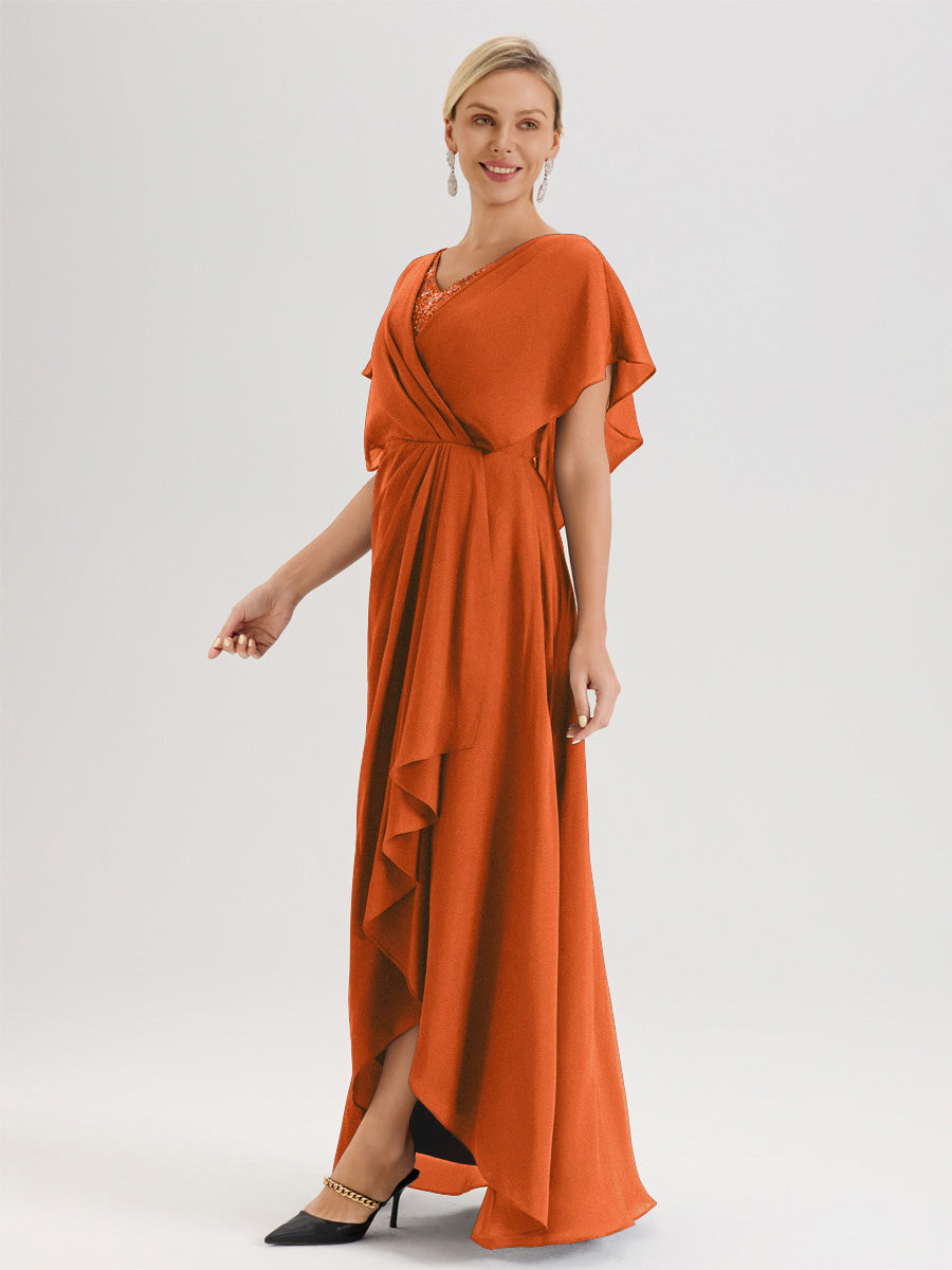 Cicinia Robe Mère De La Mariée Orange Foncé Avec Ourlet Asymétrique Et Manches Volants Décolleté En V En Chiffon Longueur Sol