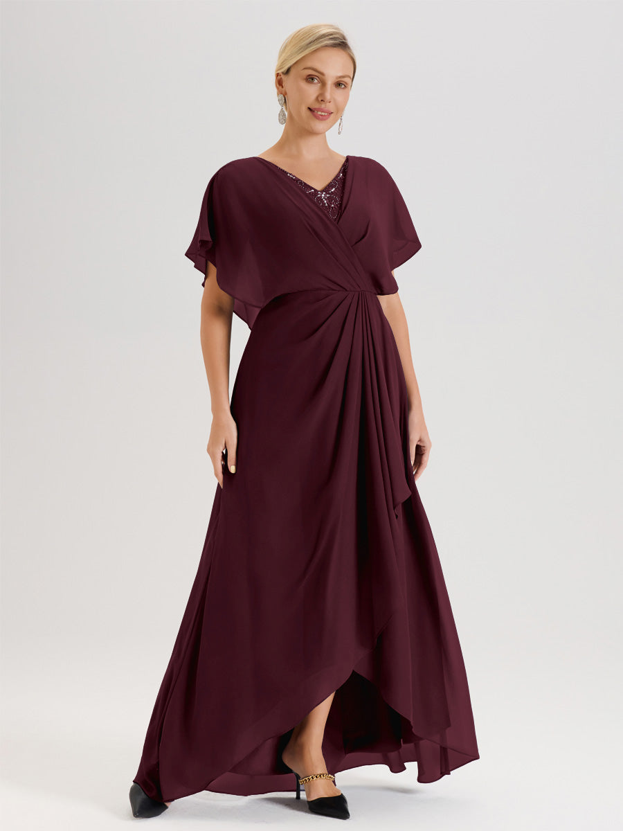 Cicinia Robe Mère De La Mariée Cabernet Avec Ourlet Asymétrique Et Manches Volants Décolleté En V En Chiffon Longueur Sol