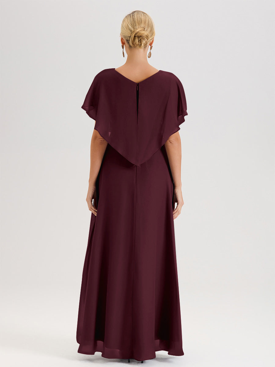 Cicinia Robe Mère De La Mariée Cabernet Avec Ourlet Asymétrique Et Manches Volants Décolleté En V En Chiffon Longueur Sol