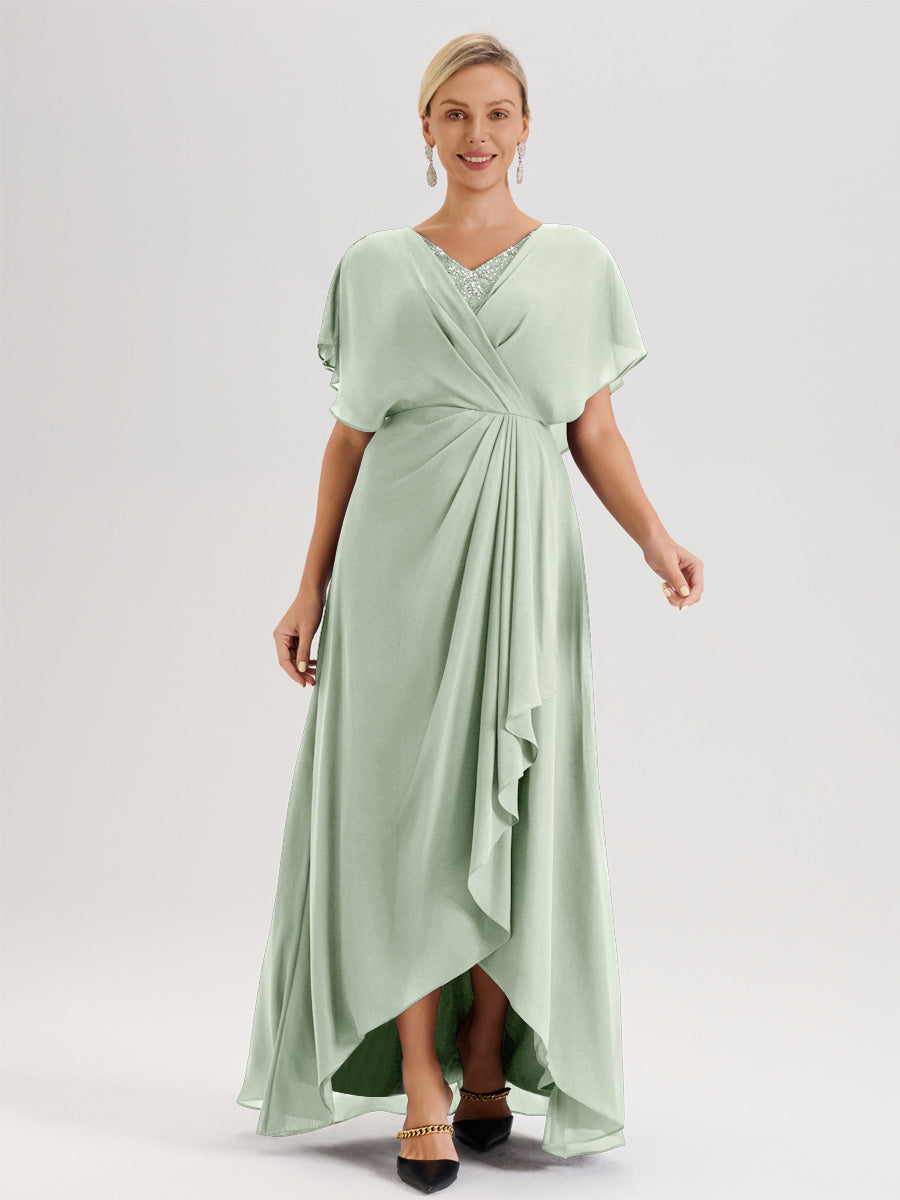 Cicinia Robe Mère De La Mariée Celadon Avec Ourlet Asymétrique Et Manches Volants Décolleté En V En Chiffon Longueur Sol