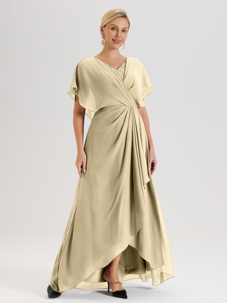 Cicinia Robe Mère De La Mariée Champagne Avec Ourlet Asymétrique Et Manches Volants Décolleté En V En Chiffon Longueur Sol