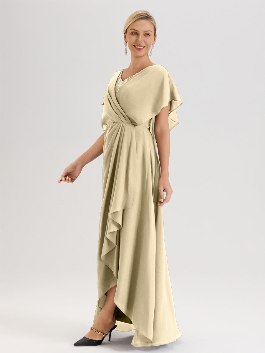 Cicinia Robe Mère De La Mariée Champagne Avec Ourlet Asymétrique Et Manches Volants Décolleté En V En Chiffon Longueur Sol
