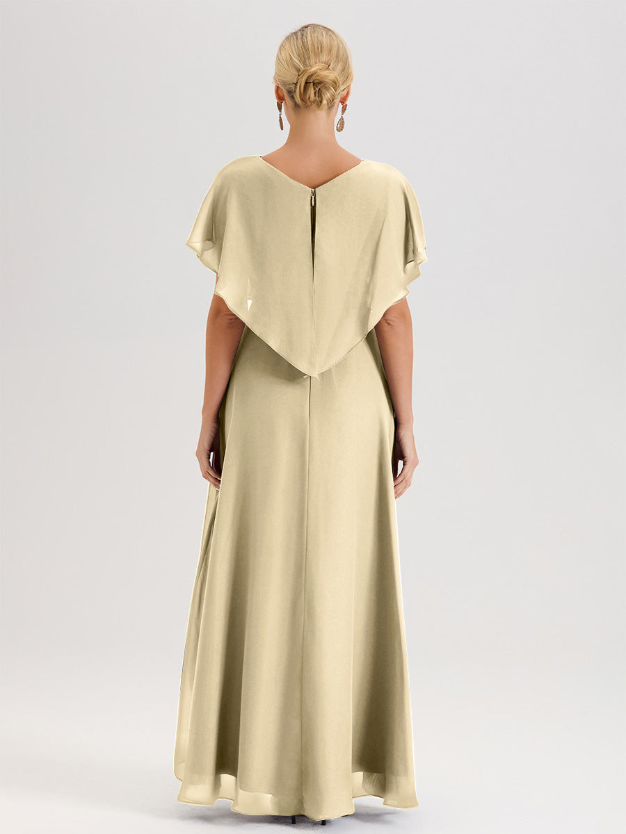 Cicinia Robe Mère De La Mariée Champagne Avec Ourlet Asymétrique Et Manches Volants Décolleté En V En Chiffon Longueur Sol