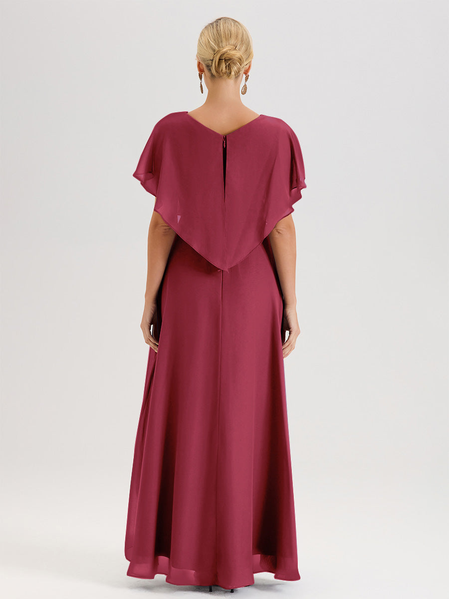 Cicinia Robe Mère De La Mariée Rose Cannelle Avec Ourlet Asymétrique Et Manches Volants Décolleté En V En Chiffon Longueur Sol