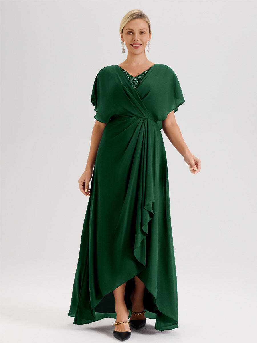 Cicinia Robe Mère De La Mariée Vert Foncé Avec Ourlet Asymétrique Et Manches Volants Décolleté En V En Chiffon Longueur Sol