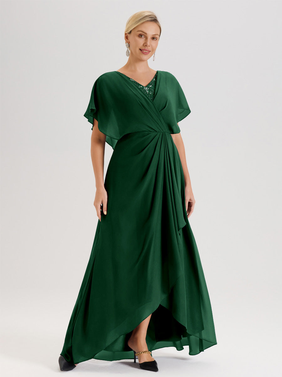 Cicinia Robe Mère De La Mariée Vert Foncé Avec Ourlet Asymétrique Et Manches Volants Décolleté En V En Chiffon Longueur Sol