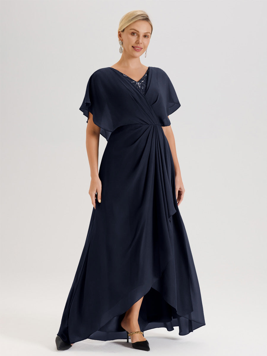 Cicinia Robe Mère De La Mariée Bleu Marine Avec Ourlet Asymétrique Et Manches Volants Décolleté En V En Chiffon Longueur Sol