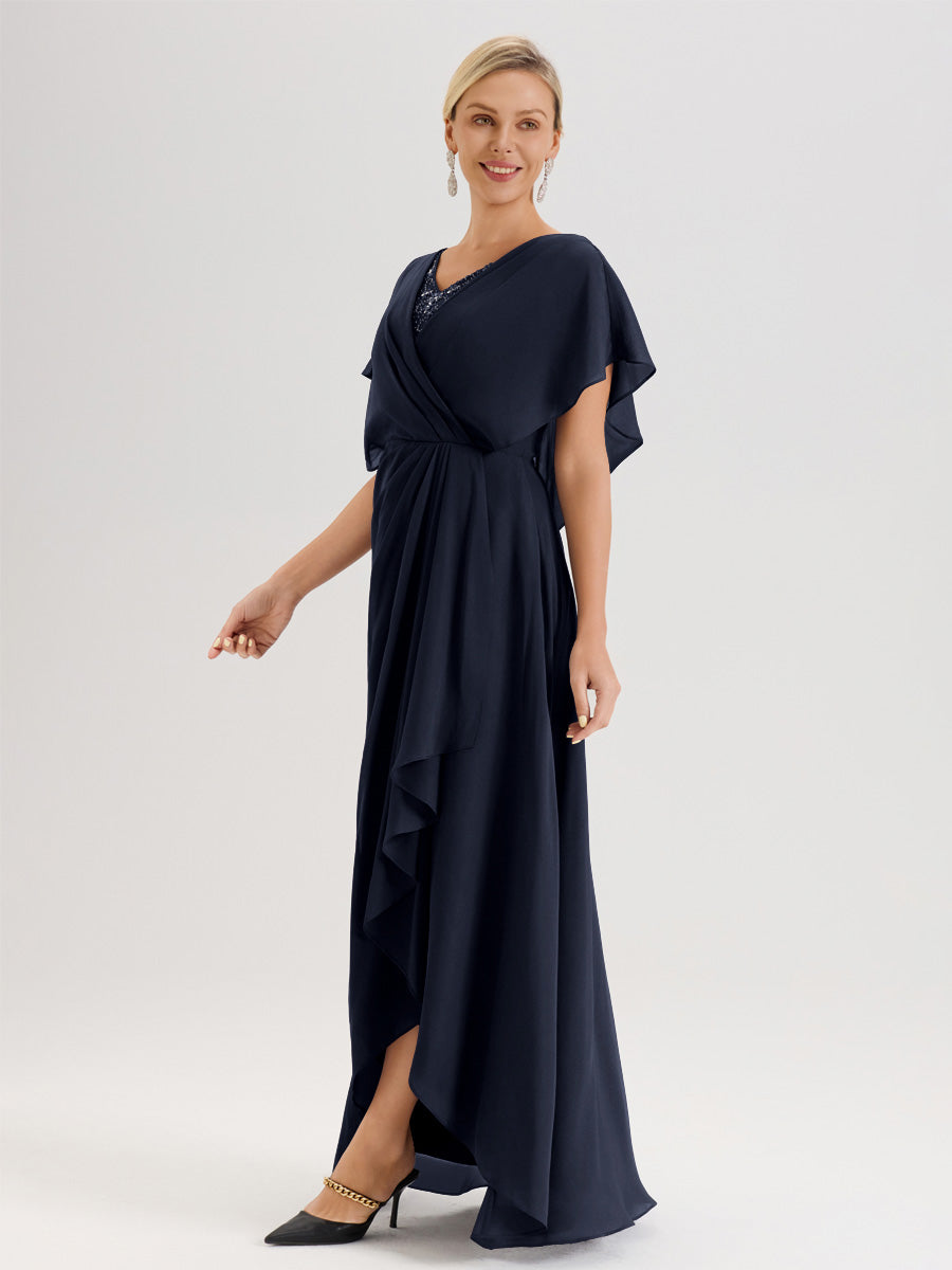 Cicinia Robe Mère De La Mariée Bleu Marine Avec Ourlet Asymétrique Et Manches Volants Décolleté En V En Chiffon Longueur Sol