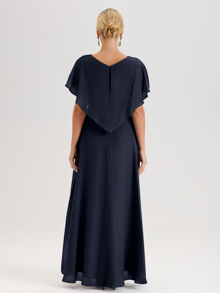 Cicinia Robe Mère De La Mariée Bleu Marine Avec Ourlet Asymétrique Et Manches Volants Décolleté En V En Chiffon Longueur Sol
