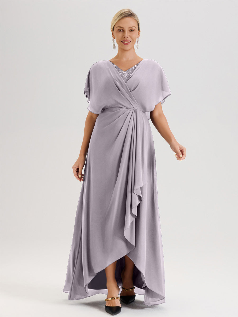 Cicinia Robe Mère De La Mariée Crépuscule Avec Ourlet Asymétrique Et Manches Volants Décolleté En V En Chiffon Longueur Sol