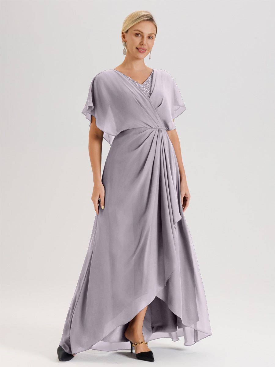 Cicinia Robe Mère De La Mariée Crépuscule Avec Ourlet Asymétrique Et Manches Volants Décolleté En V En Chiffon Longueur Sol