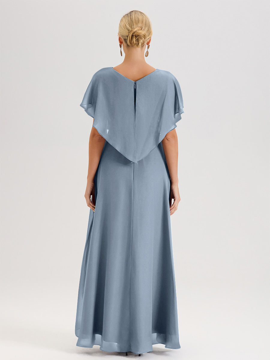Cicinia Robe Mère De La Mariée Bleu Poussiéreux Avec Ourlet Asymétrique Et Manches Volants Décolleté En V En Chiffon Longueur Sol