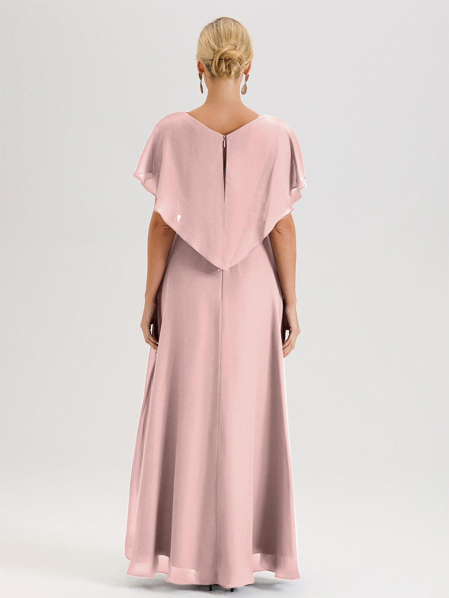 Cicinia Robe Mère De La Mariée Rose Poudrée Avec Ourlet Asymétrique Et Manches Volants Décolleté En V En Chiffon Longueur Sol