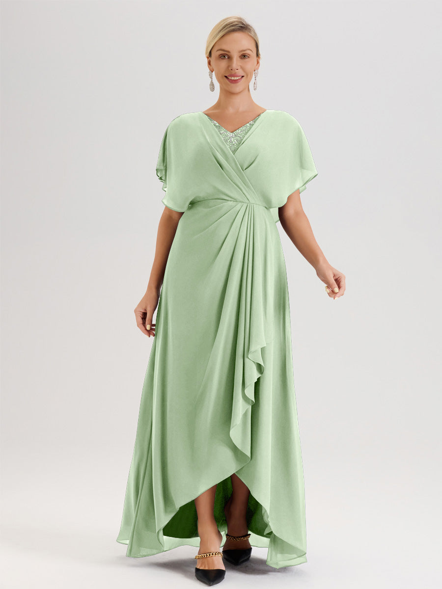 Cicinia Robe Mère De La Mariée De Sauge Poussiéreux Avec Ourlet Asymétrique Et Manches Volants Décolleté En V En Chiffon Longueur Sol