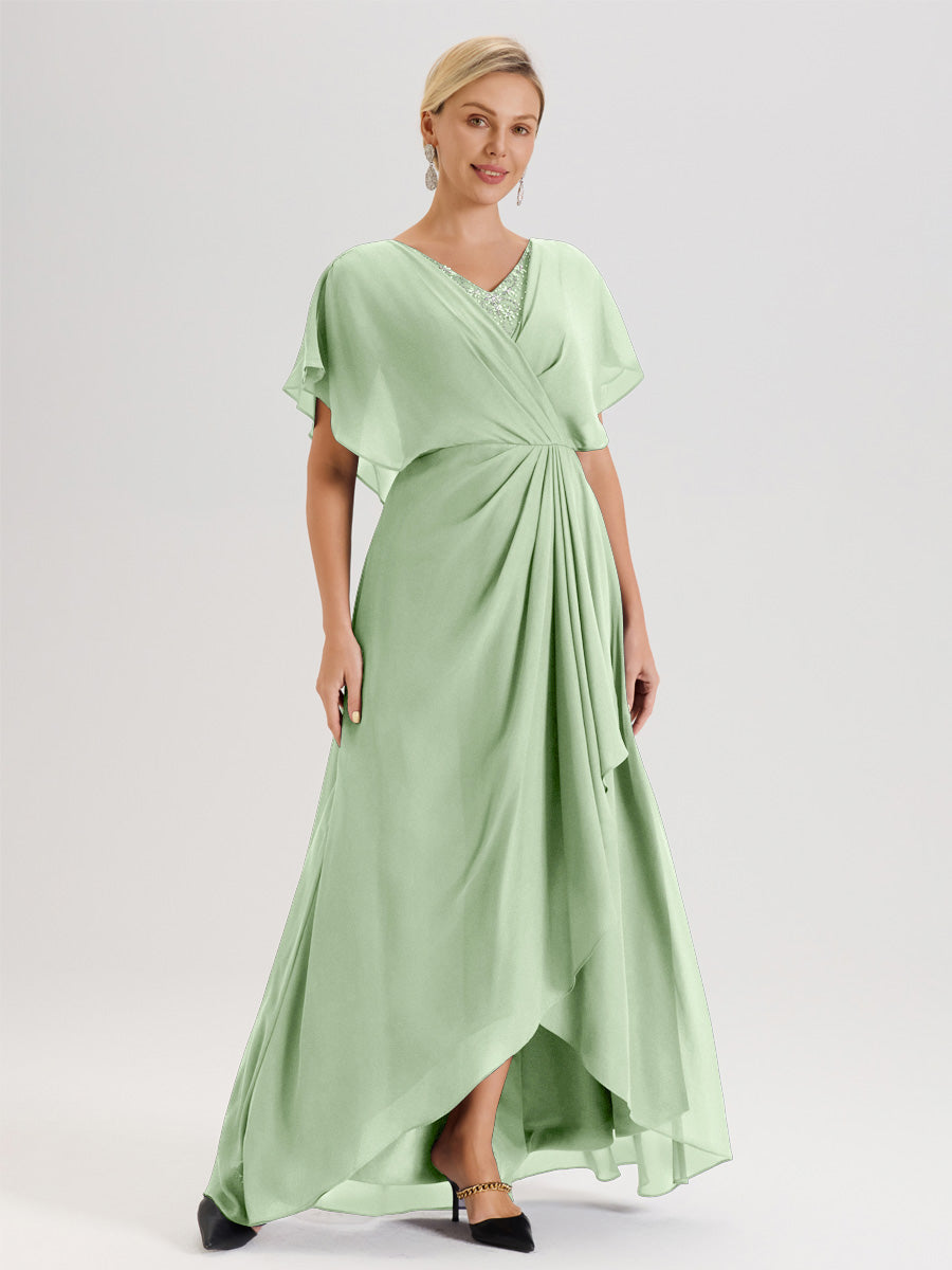 Cicinia Robe Mère De La Mariée De Sauge Poussiéreux Avec Ourlet Asymétrique Et Manches Volants Décolleté En V En Chiffon Longueur Sol