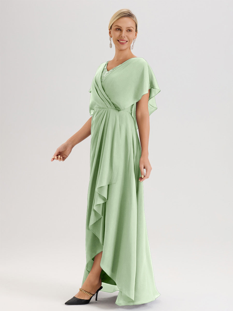 Cicinia Robe Mère De La Mariée De Sauge Poussiéreux Avec Ourlet Asymétrique Et Manches Volants Décolleté En V En Chiffon Longueur Sol