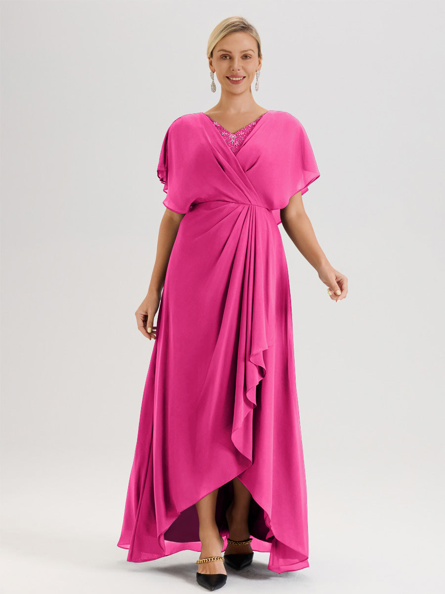 Cicinia Robe Mère De La Mariée Fuchsia Rose Avec Ourlet Asymétrique Et Manches Volants Décolleté En V En Chiffon Longueur Sol