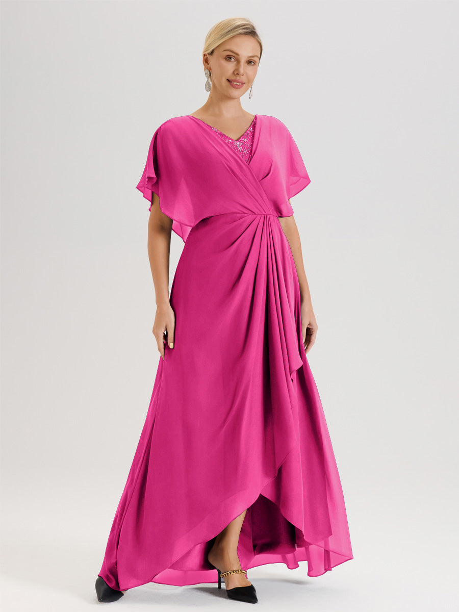 Cicinia Robe Mère De La Mariée Fuchsia Rose Avec Ourlet Asymétrique Et Manches Volants Décolleté En V En Chiffon Longueur Sol