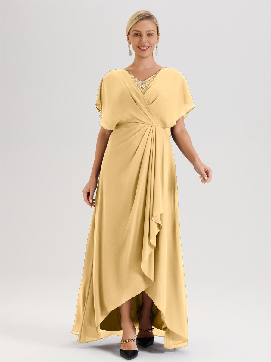 Cicinia Robe Mère De La Mariée Couleur Or Avec Ourlet Asymétrique Et Manches Volants Décolleté En V En Chiffon Longueur Sol