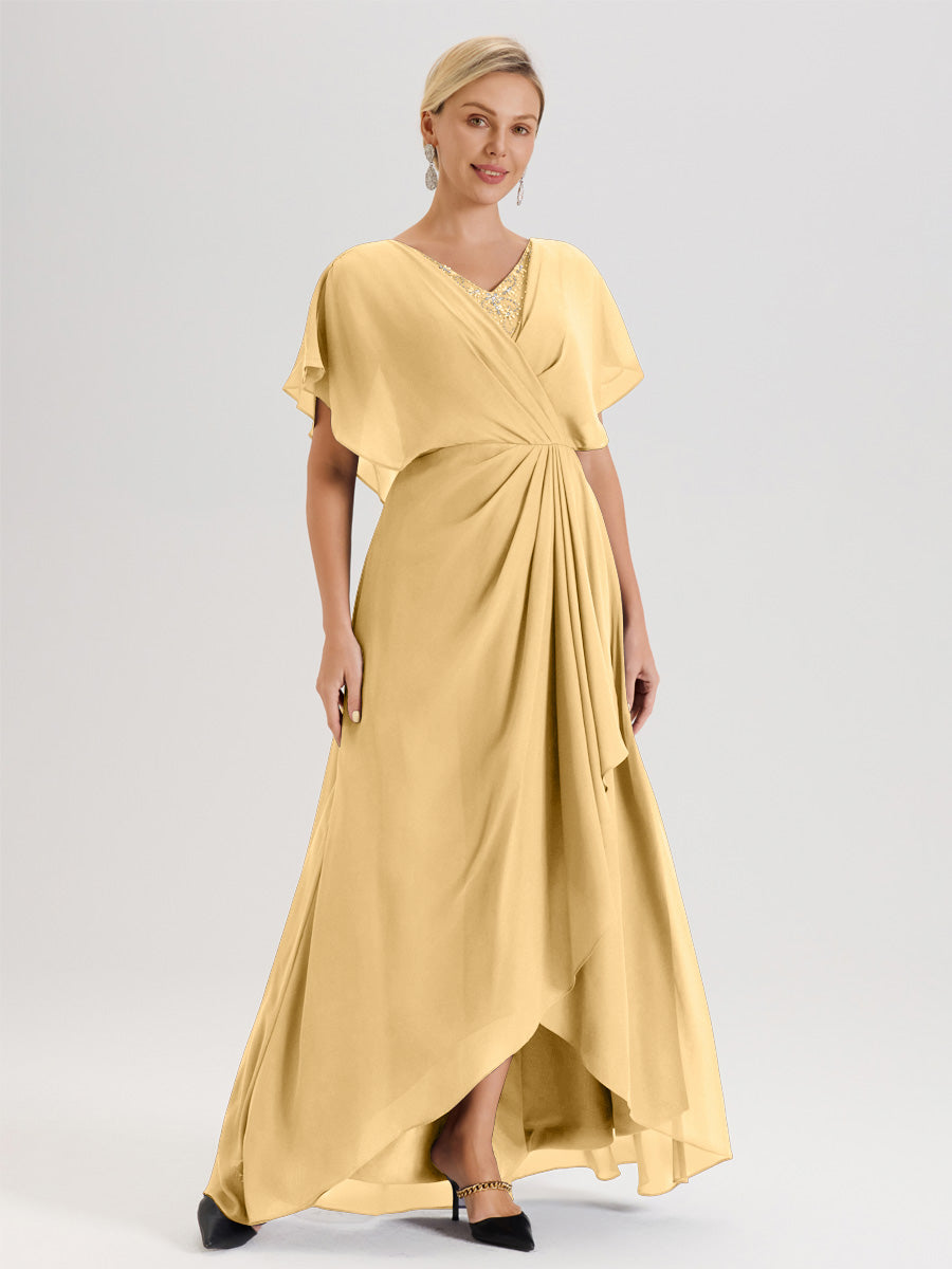 Cicinia Robe Mère De La Mariée Couleur Or Avec Ourlet Asymétrique Et Manches Volants Décolleté En V En Chiffon Longueur Sol