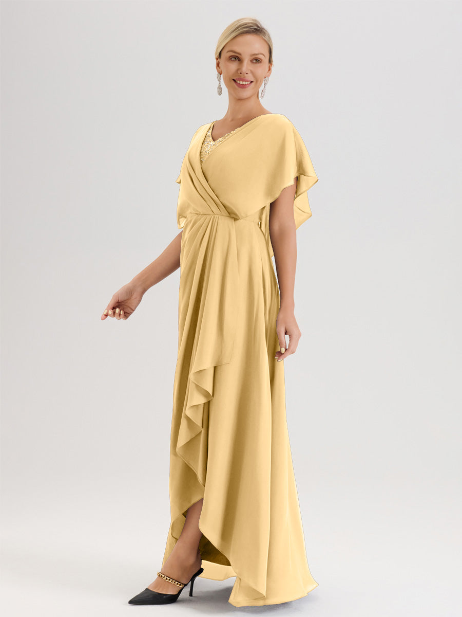 Cicinia Robe Mère De La Mariée Couleur Or Avec Ourlet Asymétrique Et Manches Volants Décolleté En V En Chiffon Longueur Sol