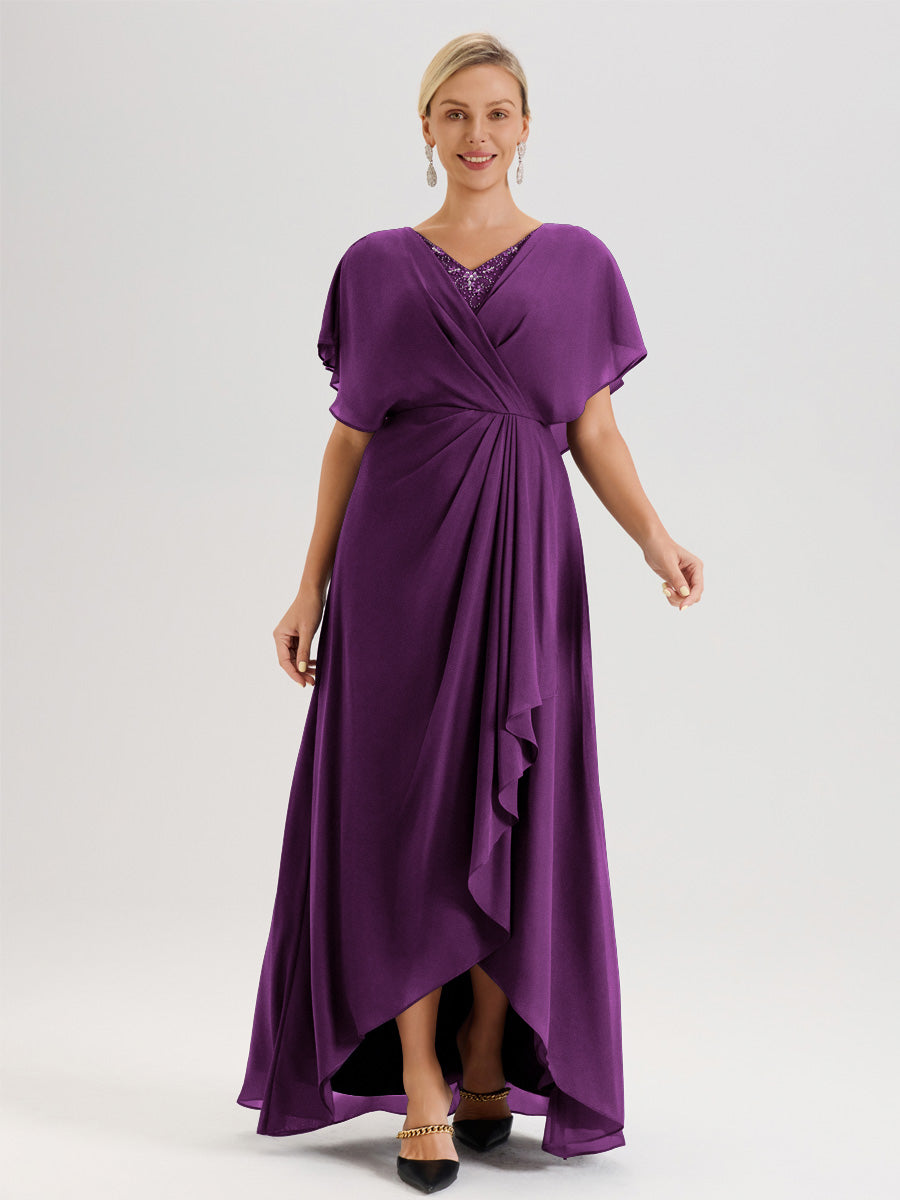 Cicinia Robe Mère De La Mariée En Raisin Avec Ourlet Asymétrique Et Manches Volants Décolleté En V En Chiffon Longueur Sol