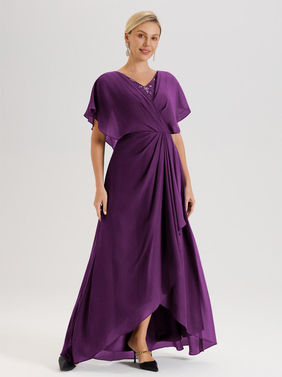 Cicinia Robe Mère De La Mariée En Raisin Avec Ourlet Asymétrique Et Manches Volants Décolleté En V En Chiffon Longueur Sol