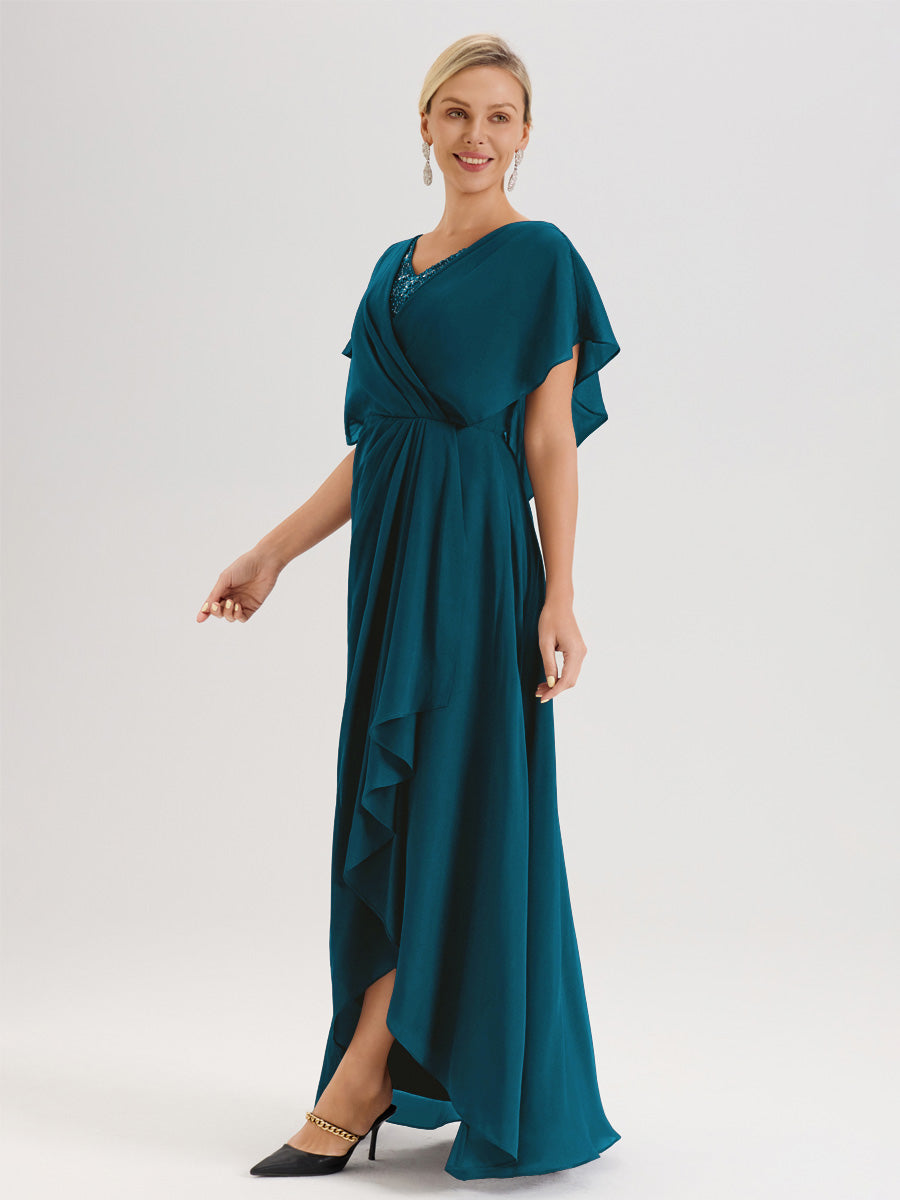 Cicinia Robe Mère De La Mariée Bleu Encre Avec Ourlet Asymétrique Et Manches Volants Décolleté En V En Chiffon Longueur Sol