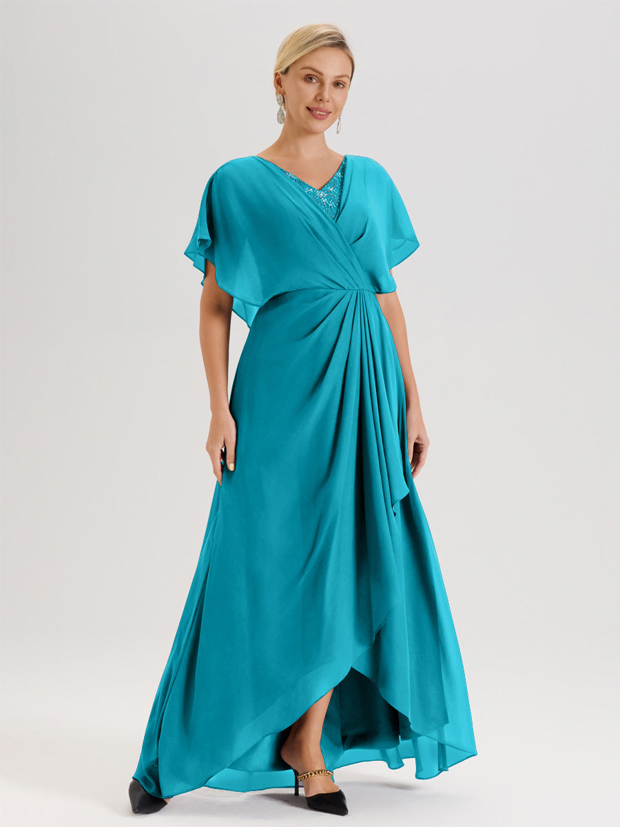 Cicinia Robe Mère De La Mariée Jade Avec Ourlet Asymétrique Et Manches Volants Décolleté En V En Chiffon Longueur Sol