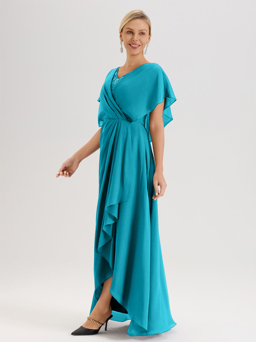 Cicinia Robe Mère De La Mariée Jade Avec Ourlet Asymétrique Et Manches Volants Décolleté En V En Chiffon Longueur Sol