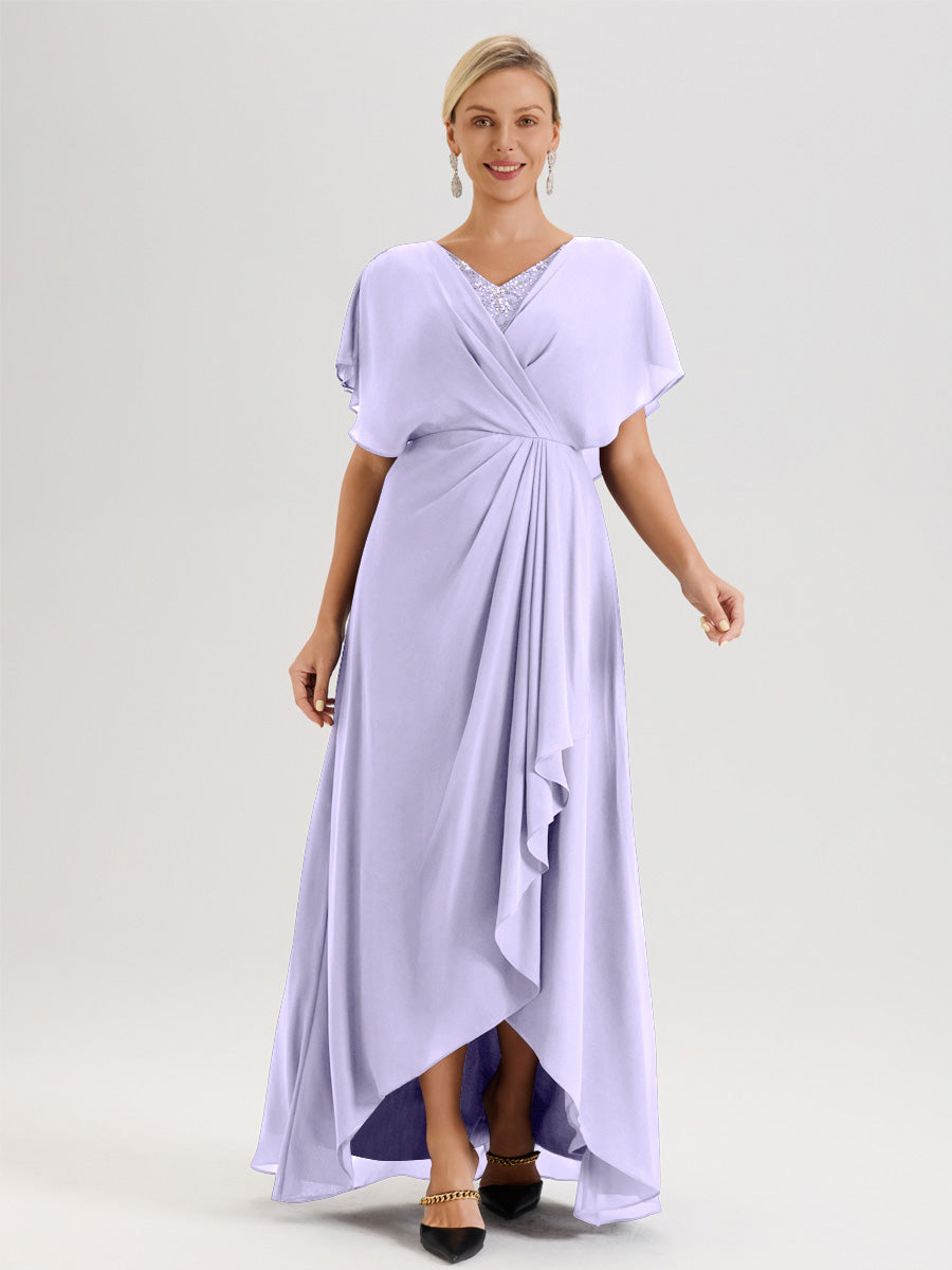 Cicinia Robe Mère De La Mariée Lilas Avec Ourlet Asymétrique Et Manches Volants Décolleté En V En Chiffon Longueur Sol