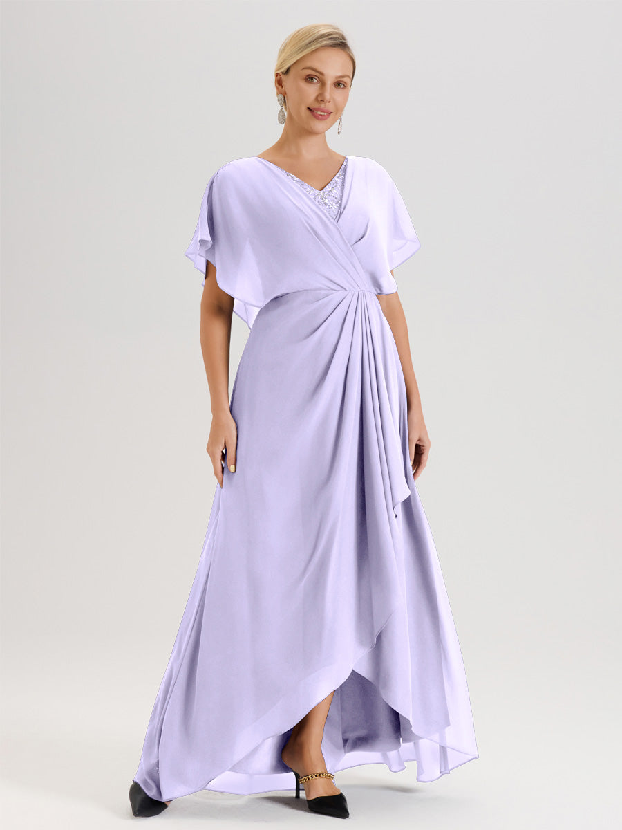 Cicinia Robe Mère De La Mariée Lilas Avec Ourlet Asymétrique Et Manches Volants Décolleté En V En Chiffon Longueur Sol