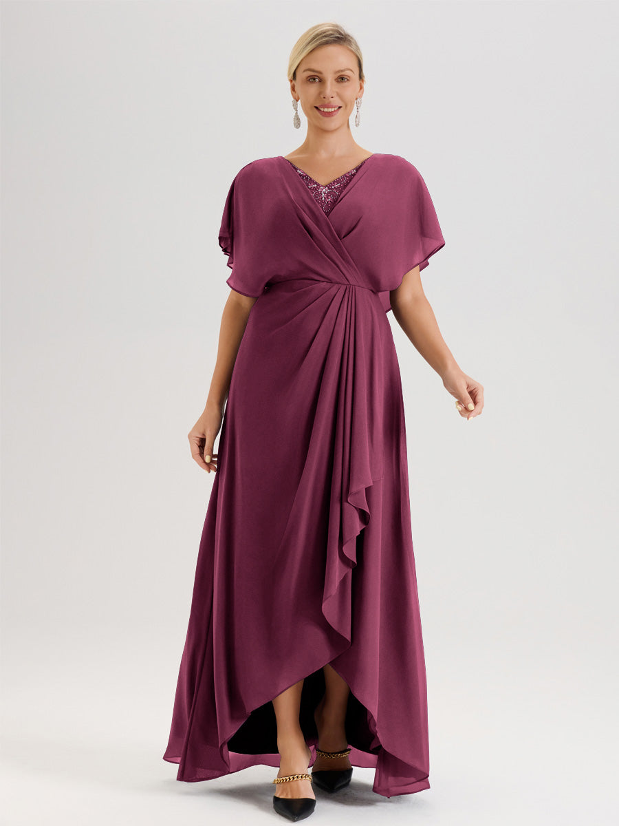 Cicinia Robe Mère De La Mariée Mûre Avec Ourlet Asymétrique Et Manches Volants Décolleté En V En Chiffon Longueur Sol