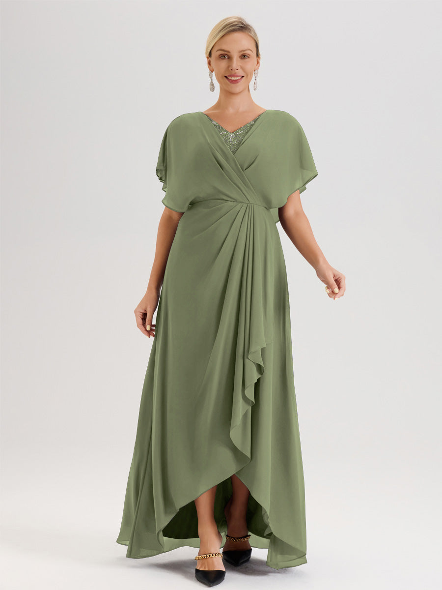 Cicinia Robe Mère De La Mariée Vert Olive Avec Ourlet Asymétrique Et Manches Volants Décolleté En V En Chiffon Longueur Sol