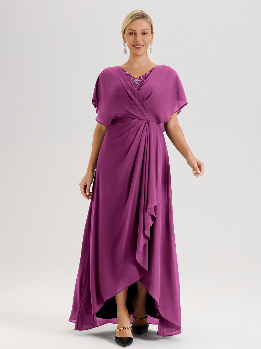 Cicinia Robe Mère De La Mariée Orchidée Avec Ourlet Asymétrique Et Manches Volants Décolleté En V En Chiffon Longueur Sol