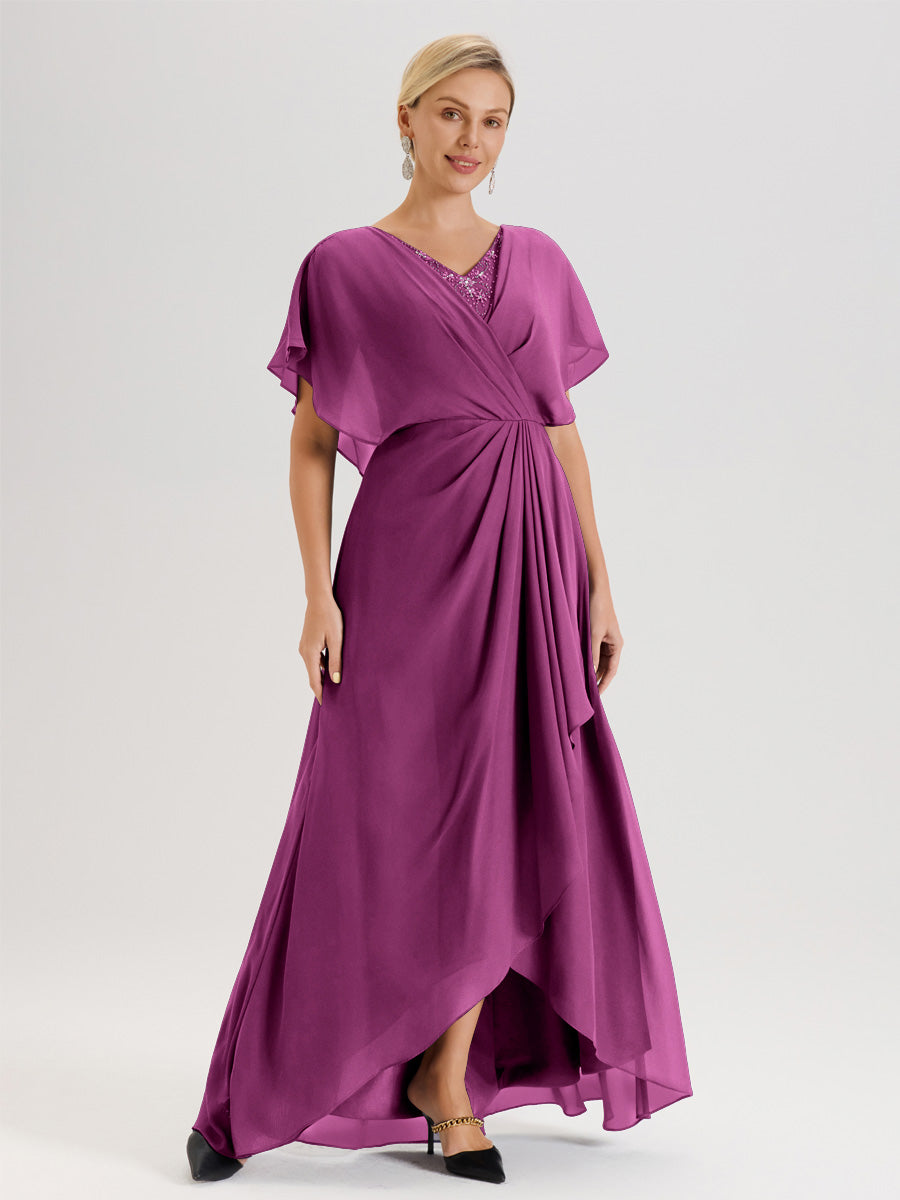 Cicinia Robe Mère De La Mariée Orchidée Avec Ourlet Asymétrique Et Manches Volants Décolleté En V En Chiffon Longueur Sol
