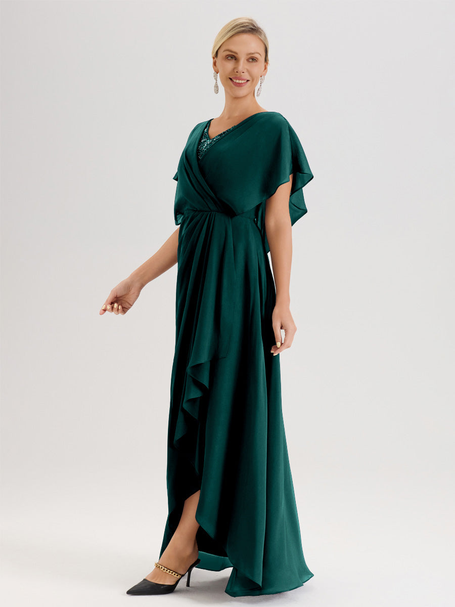 Cicinia Robe Mère De La Mariée Paon Avec Ourlet Asymétrique Et Manches Volants Décolleté En V En Chiffon Longueur Sol
