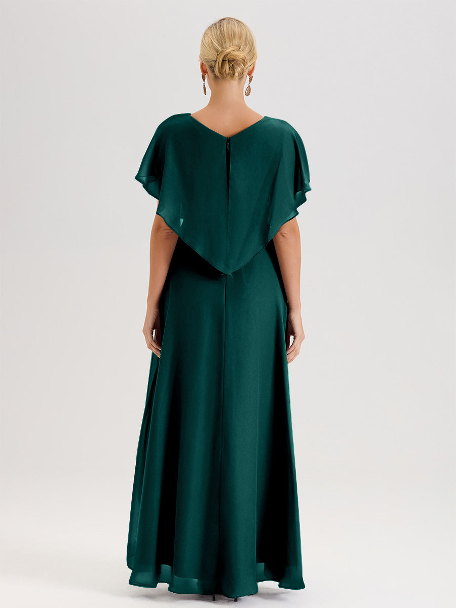 Cicinia Robe Mère De La Mariée Paon Avec Ourlet Asymétrique Et Manches Volants Décolleté En V En Chiffon Longueur Sol
