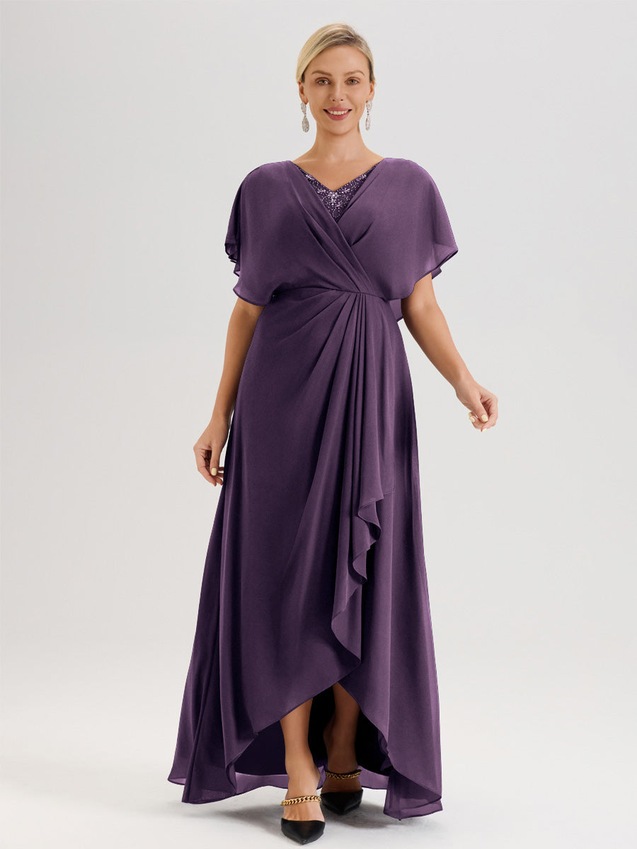 Cicinia Robe Mère De La Mariée Plum Avec Ourlet Asymétrique Et Manches Volants Décolleté En V En Chiffon Longueur Sol