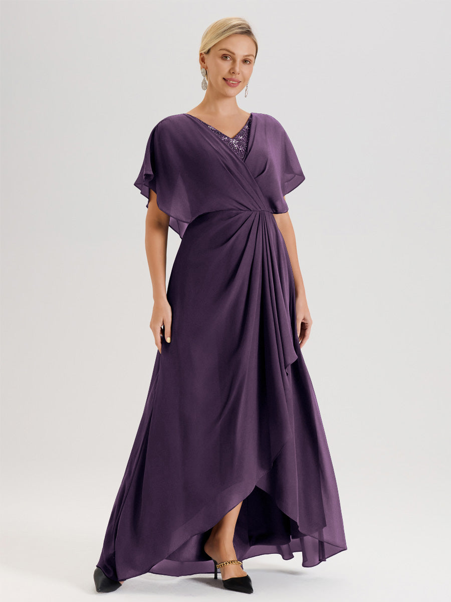 Cicinia Robe Mère De La Mariée Plum Avec Ourlet Asymétrique Et Manches Volants Décolleté En V En Chiffon Longueur Sol