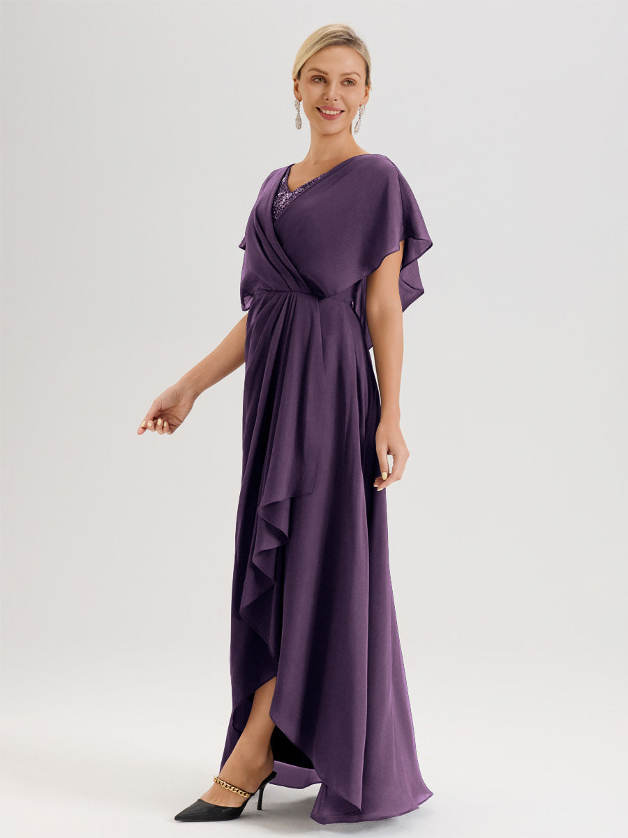 Cicinia Robe Mère De La Mariée Plum Avec Ourlet Asymétrique Et Manches Volants Décolleté En V En Chiffon Longueur Sol