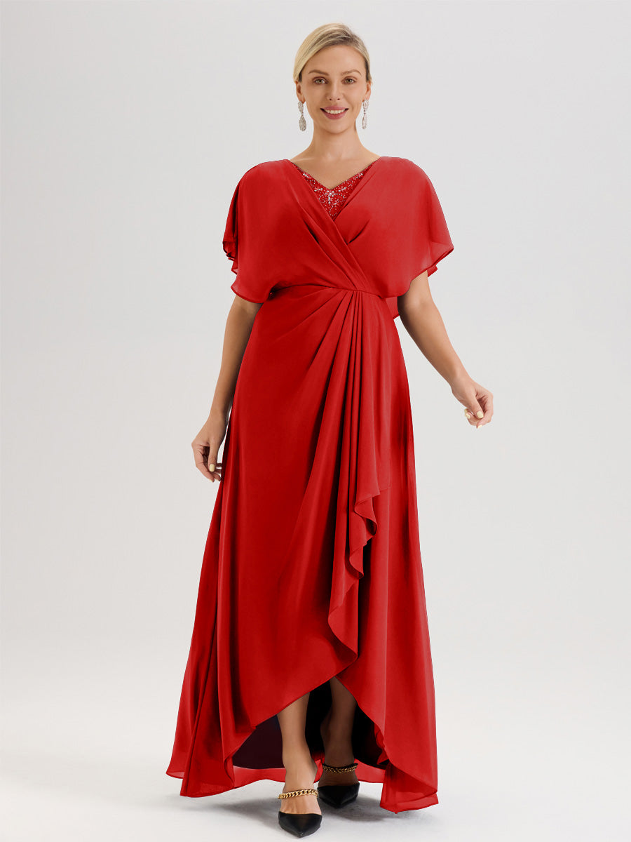 Cicinia Robe Mère De La Mariée Rouge Avec Ourlet Asymétrique Et Manches Volants Décolleté En V En Chiffon Longueur Sol