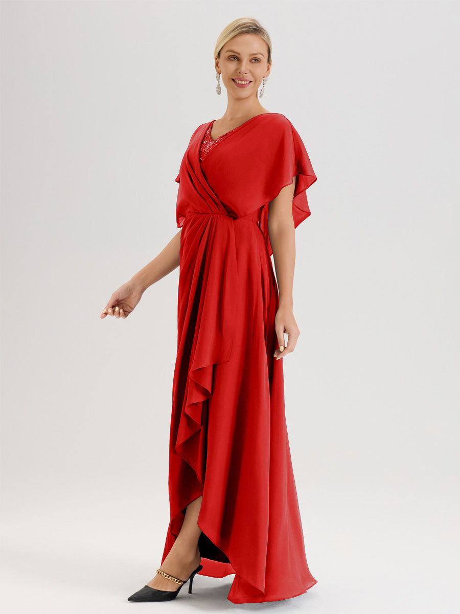 Cicinia Robe Mère De La Mariée Rouge Avec Ourlet Asymétrique Et Manches Volants Décolleté En V En Chiffon Longueur Sol