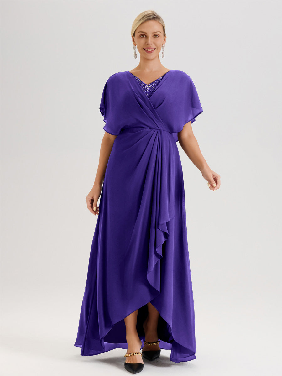 Cicinia Robe Mère De La Mariée En Régence Avec Ourlet Asymétrique Et Manches Volants Décolleté En V En Chiffon Longueur Sol