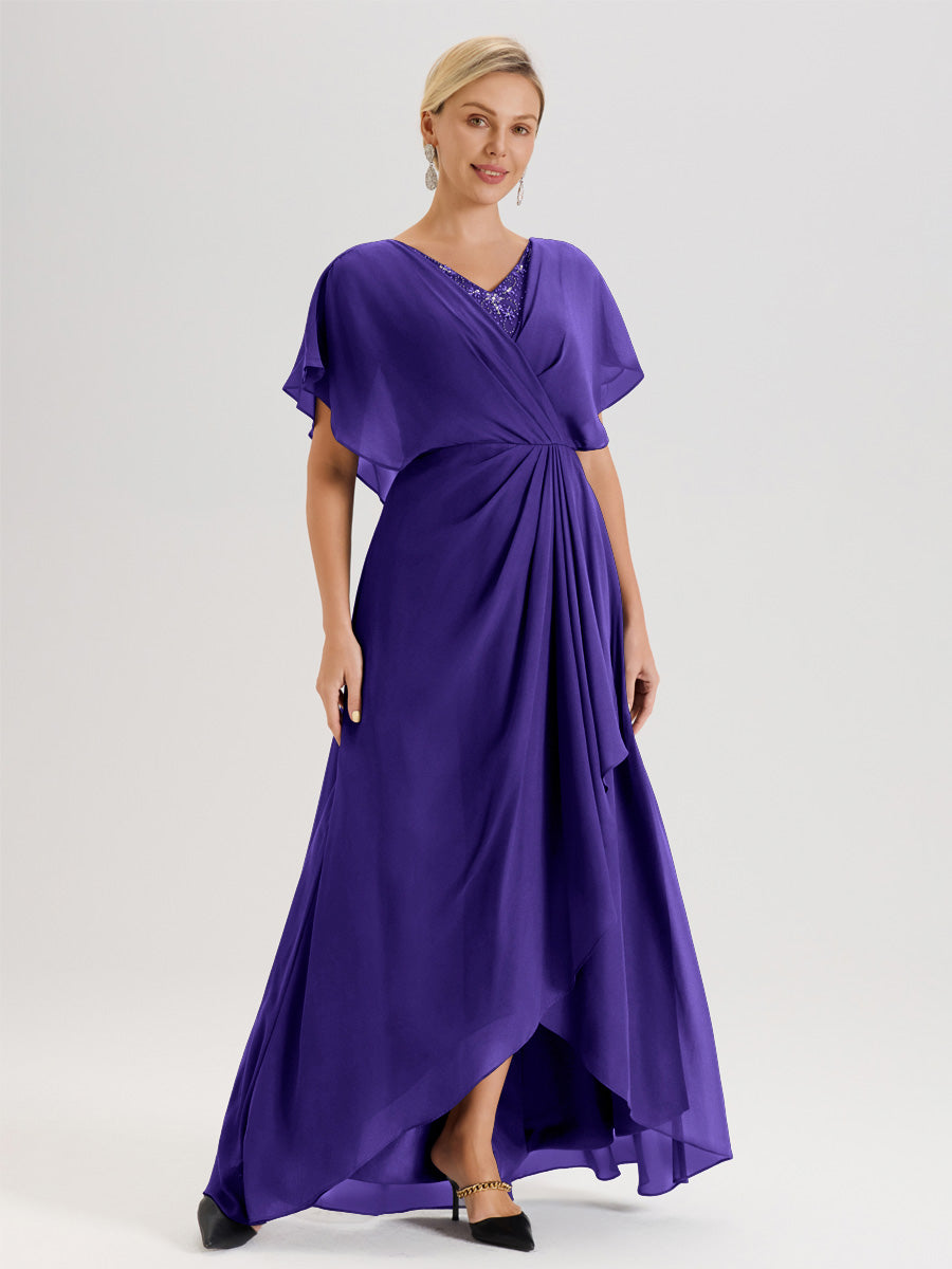 Cicinia Robe Mère De La Mariée En Régence Avec Ourlet Asymétrique Et Manches Volants Décolleté En V En Chiffon Longueur Sol