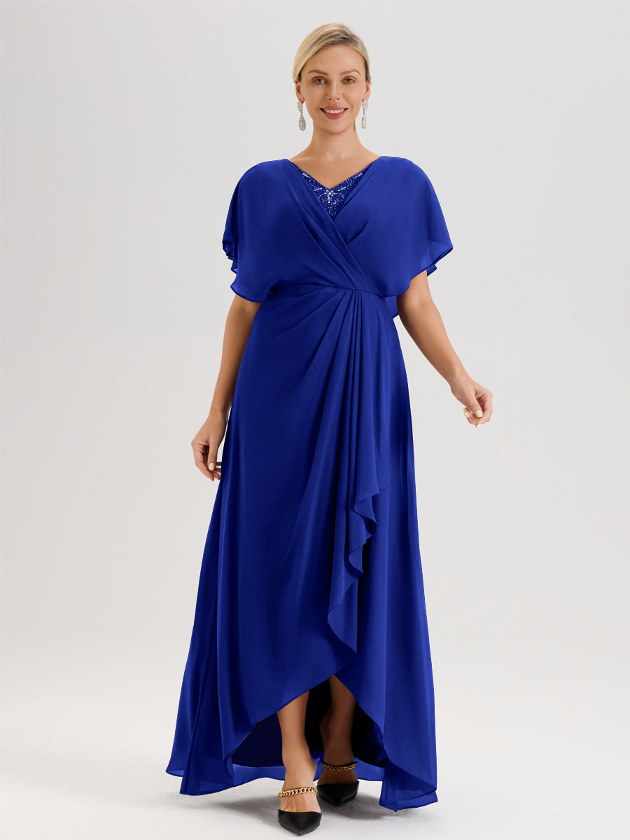 Cicinia Robe Mère De La Mariée Bleu Royal Avec Ourlet Asymétrique Et Manches Volants Décolleté En V En Chiffon Longueur Sol