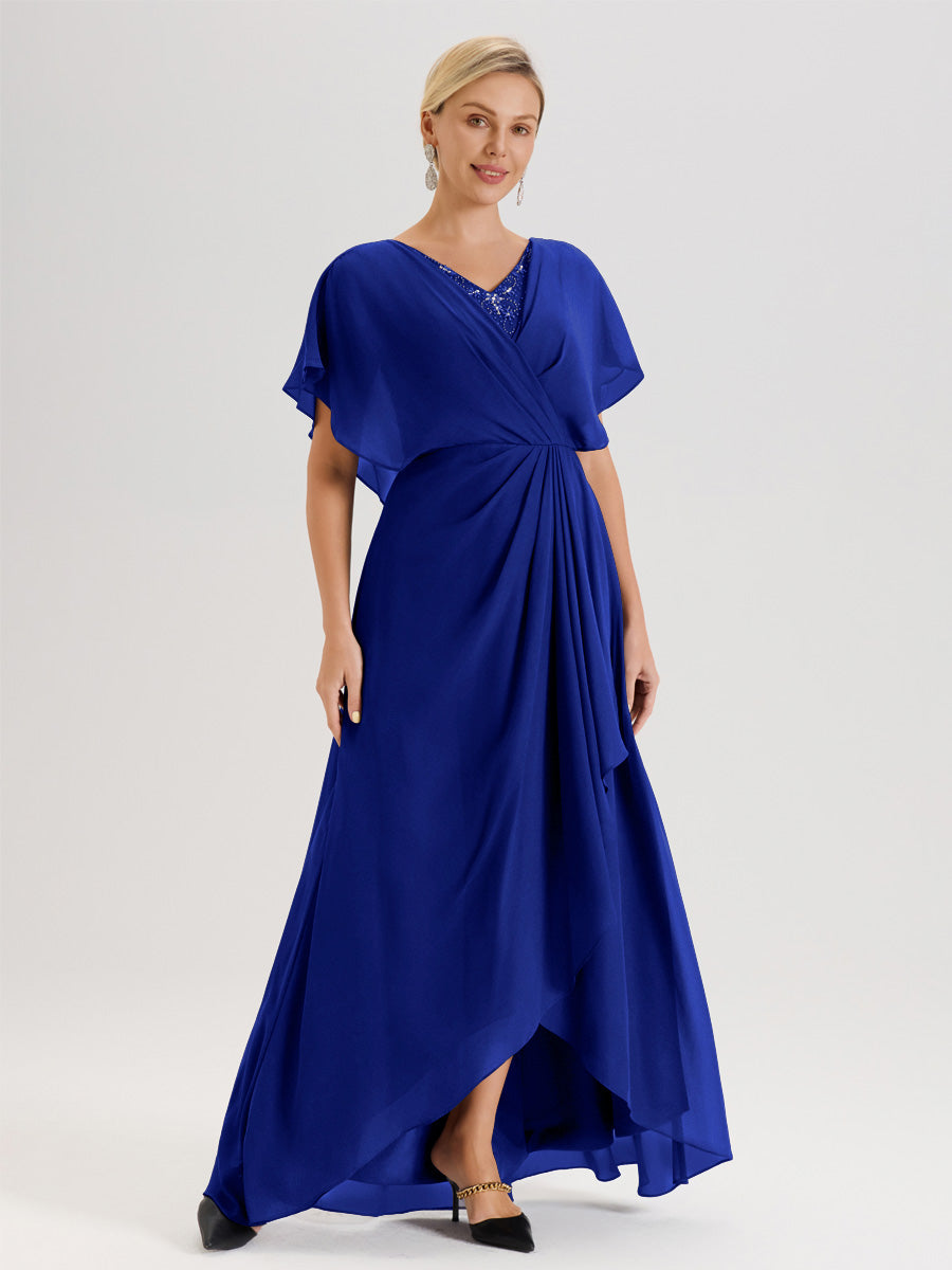 Cicinia Robe Mère De La Mariée Bleu Royal Avec Ourlet Asymétrique Et Manches Volants Décolleté En V En Chiffon Longueur Sol