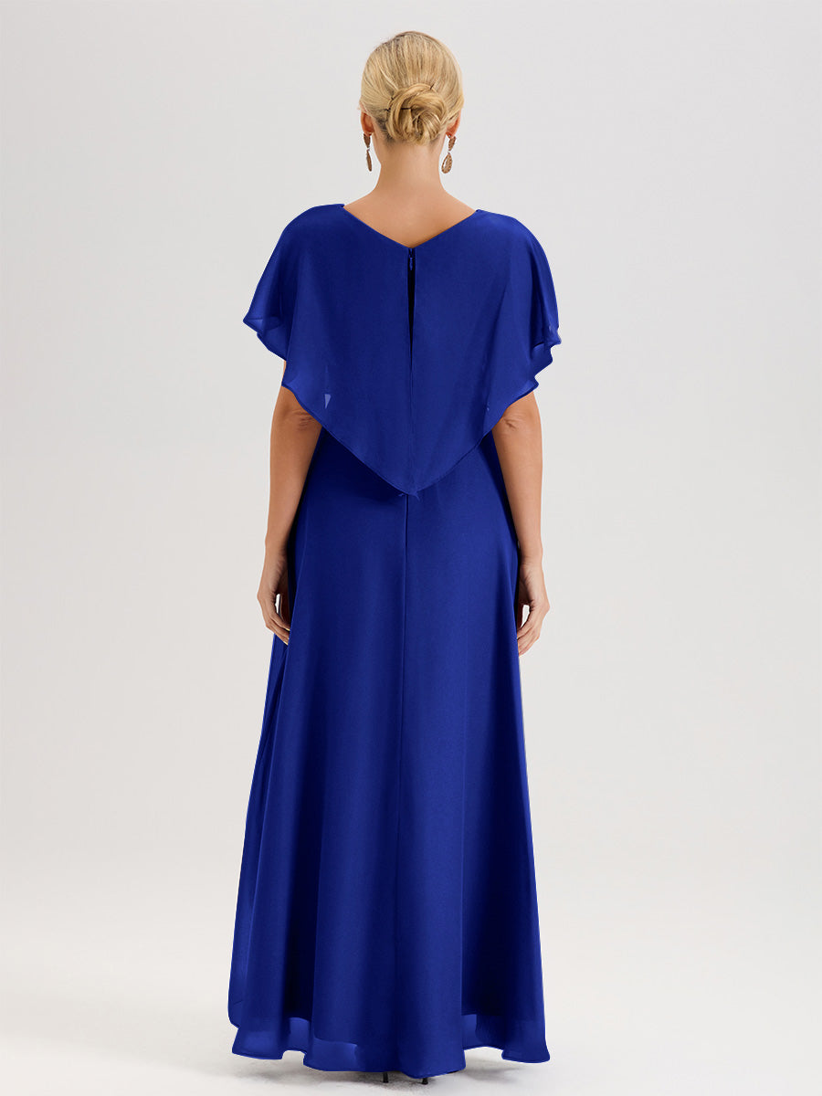 Cicinia Robe Mère De La Mariée Bleu Royal Avec Ourlet Asymétrique Et Manches Volants Décolleté En V En Chiffon Longueur Sol