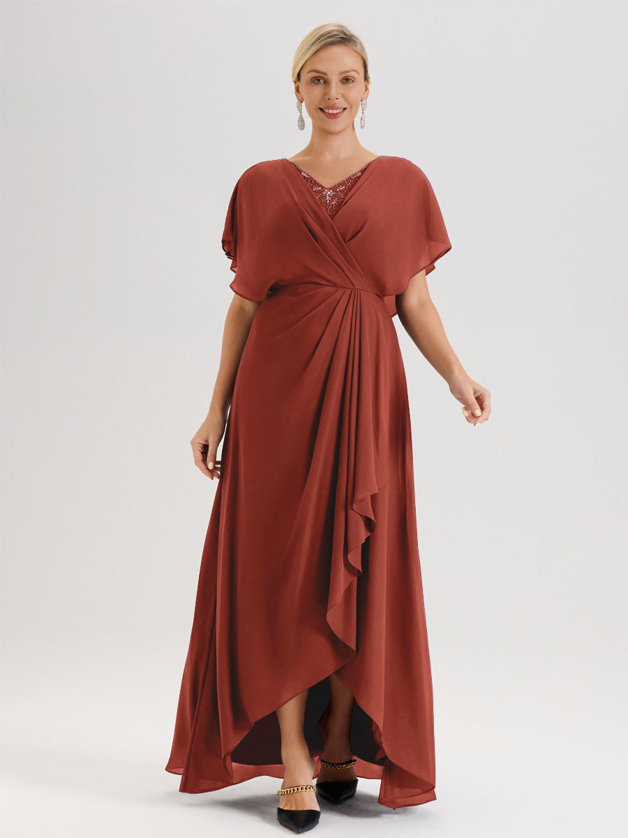 Cicinia Robe Mère De La Mariée Rouille Avec Ourlet Asymétrique Et Manches Volants Décolleté En V En Chiffon Longueur Sol