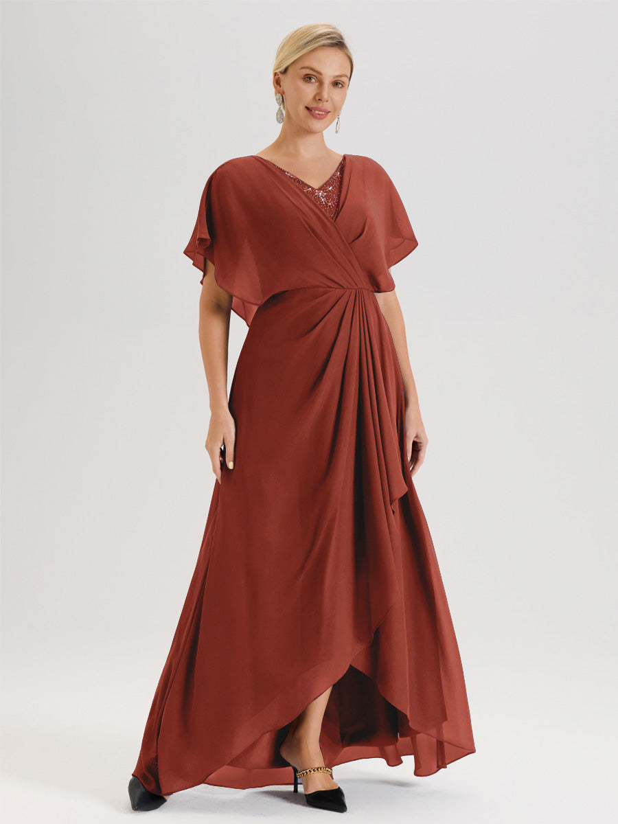 Cicinia Robe Mère De La Mariée Rouille Avec Ourlet Asymétrique Et Manches Volants Décolleté En V En Chiffon Longueur Sol